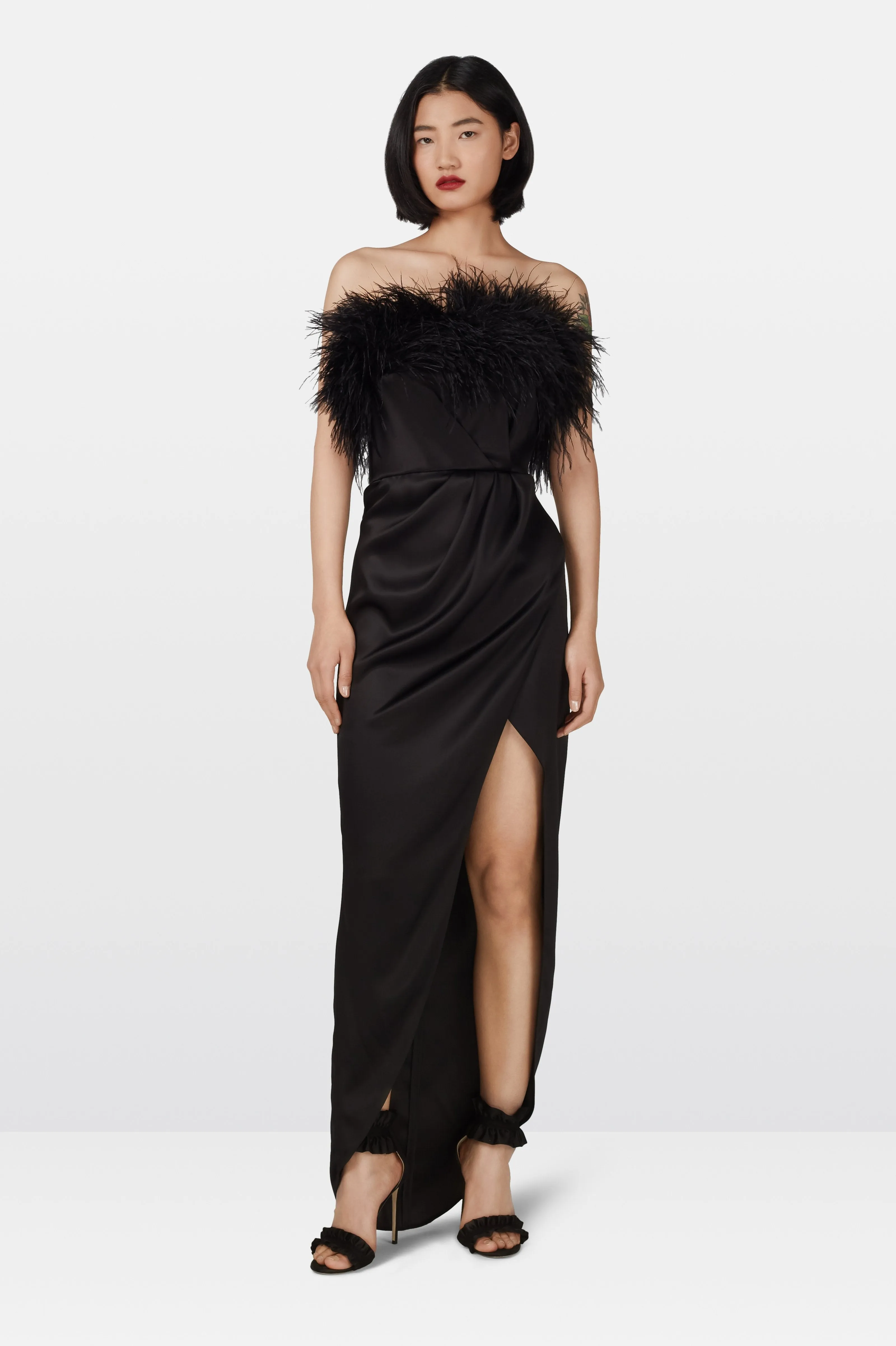Black Double Silk Satin Feather Draped Dress