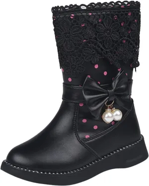 Girl's Winter Snow Boots Faux Fur Lined Mid Calf Shoes Waterproof Lace Bowknot Side Zipper Winter Boots Toddler