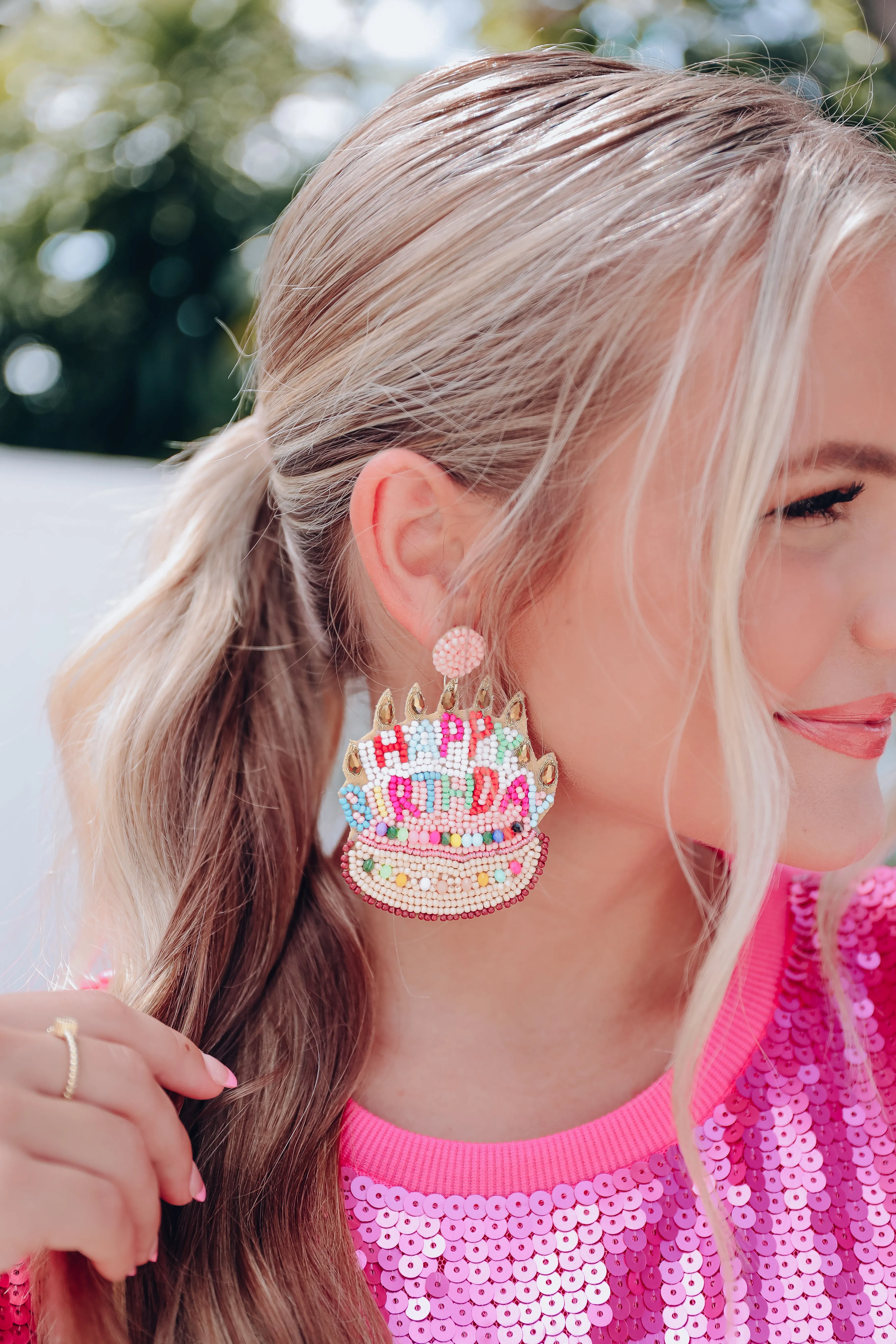 Happy Birthday Beaded Earrings - Cream