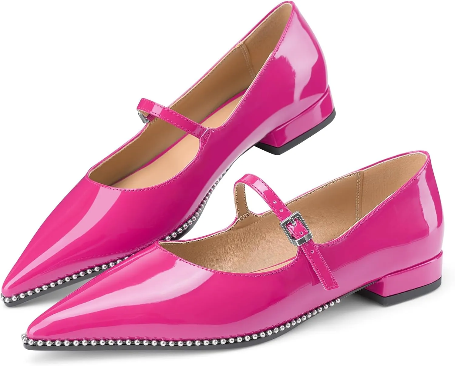 Oh Mispares Pointed Toe Flats for Women Beaded Mary Janes Adjustable Strap Comfortable Chunky Heel Slip-on Dress Shoes Black