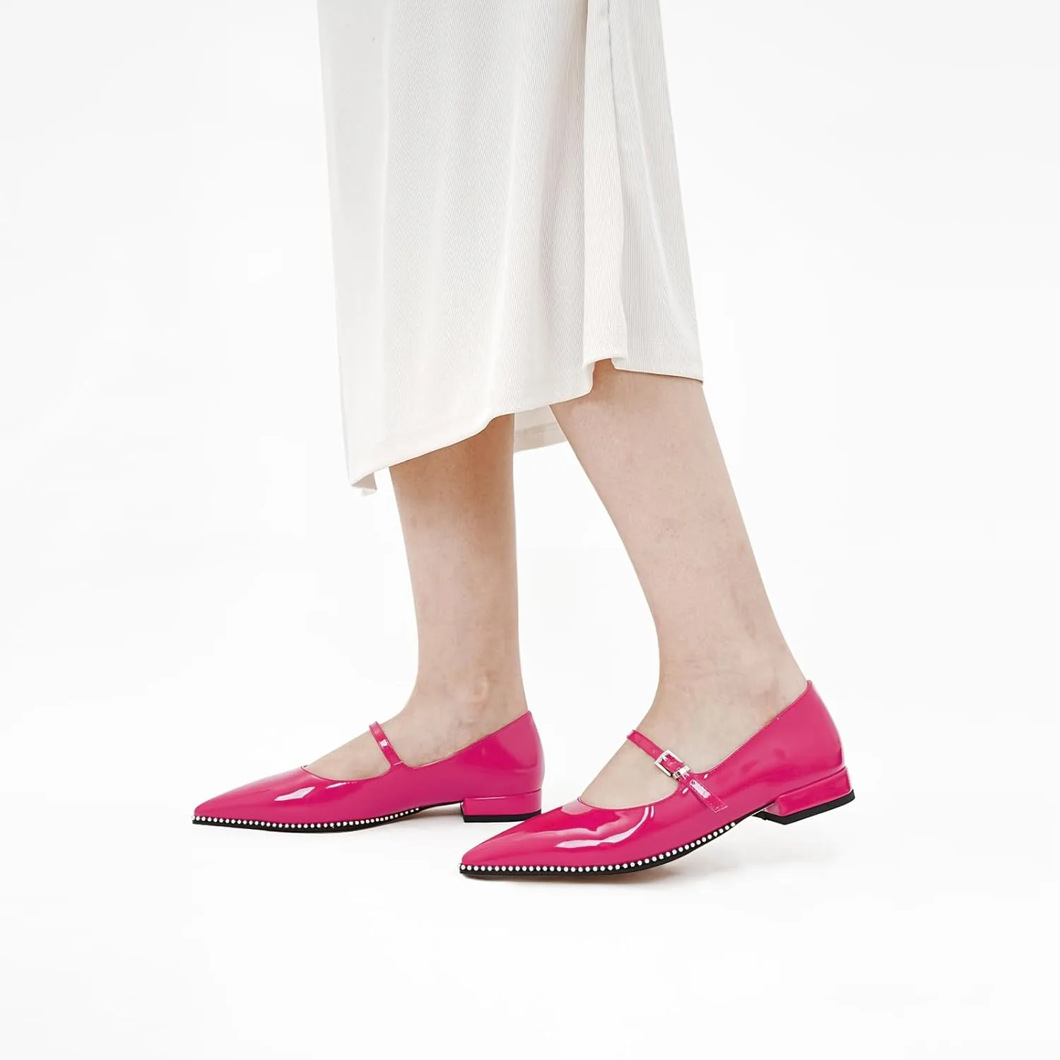 Oh Mispares Pointed Toe Flats for Women Beaded Mary Janes Adjustable Strap Comfortable Chunky Heel Slip-on Dress Shoes Black