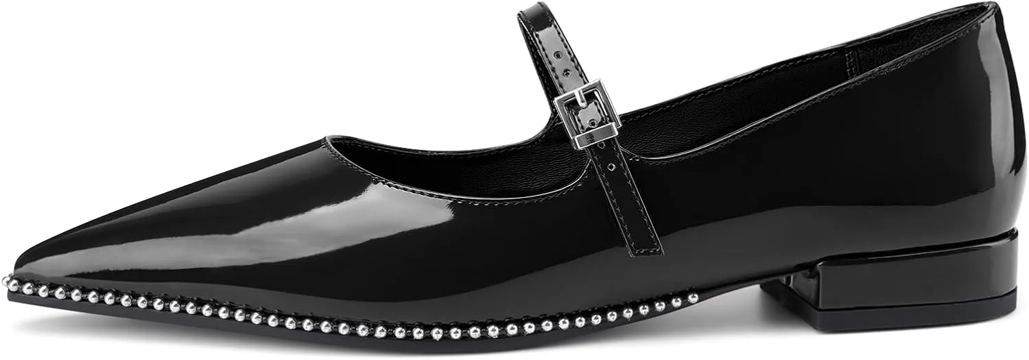 Oh Mispares Pointed Toe Flats for Women Beaded Mary Janes Adjustable Strap Comfortable Chunky Heel Slip-on Dress Shoes Black