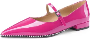 Oh Mispares Pointed Toe Flats for Women Beaded Mary Janes Adjustable Strap Comfortable Chunky Heel Slip-on Dress Shoes Black