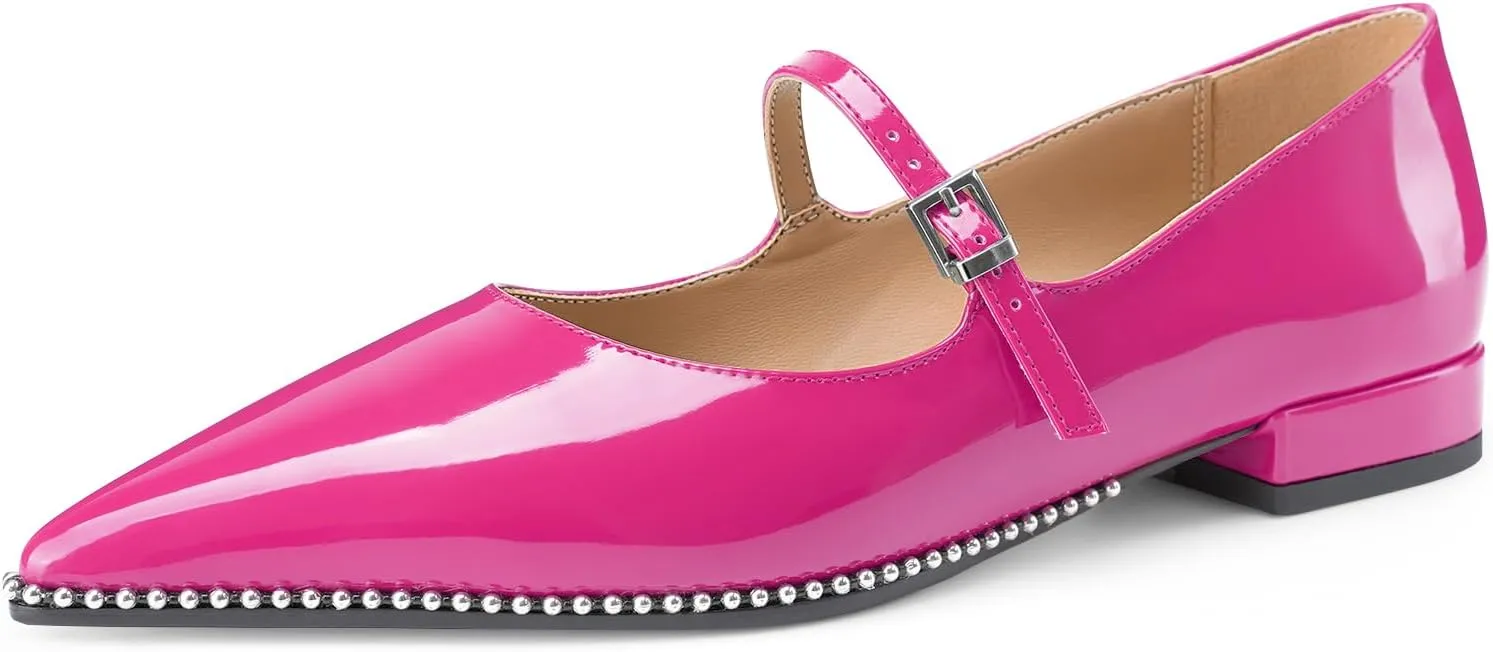 Oh Mispares Pointed Toe Flats for Women Beaded Mary Janes Adjustable Strap Comfortable Chunky Heel Slip-on Dress Shoes Black