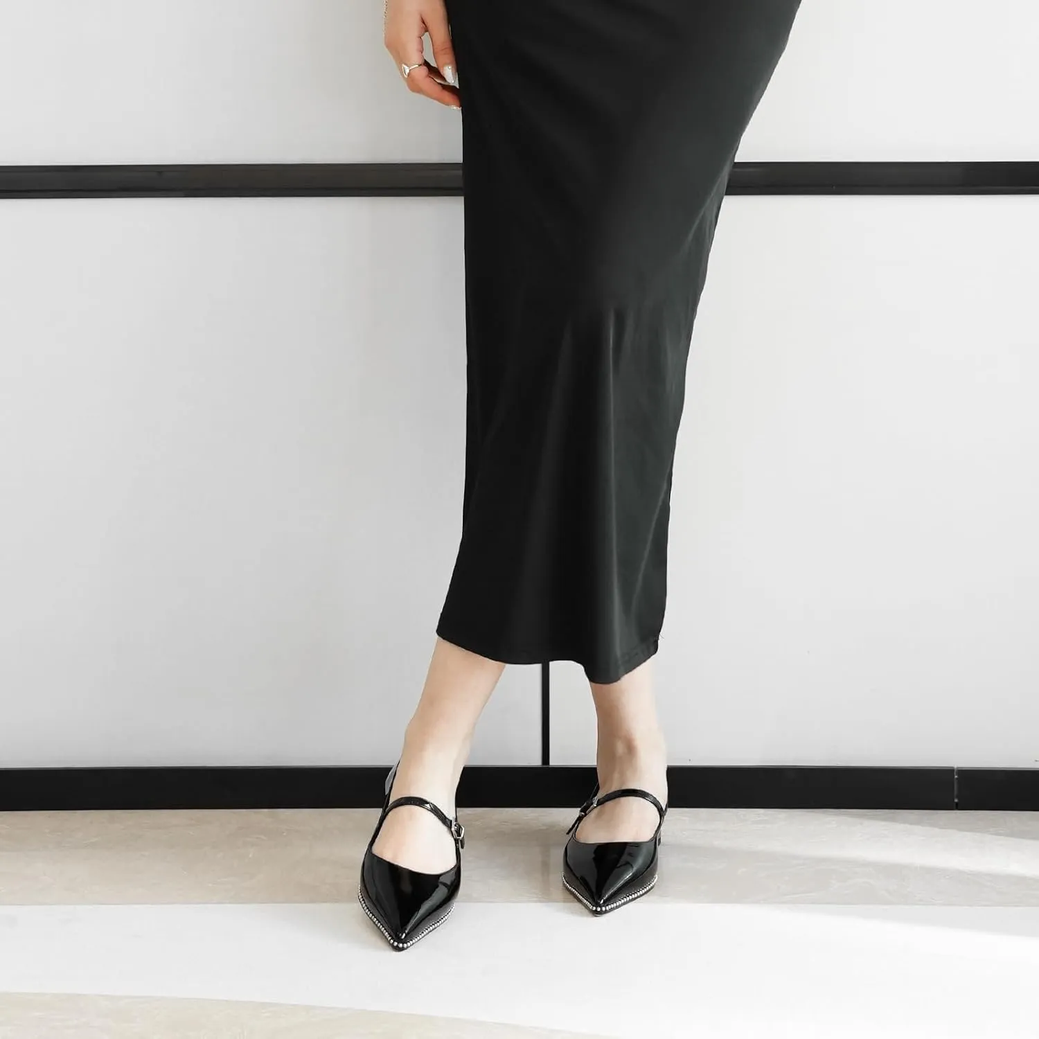 Oh Mispares Pointed Toe Flats for Women Beaded Mary Janes Adjustable Strap Comfortable Chunky Heel Slip-on Dress Shoes Black