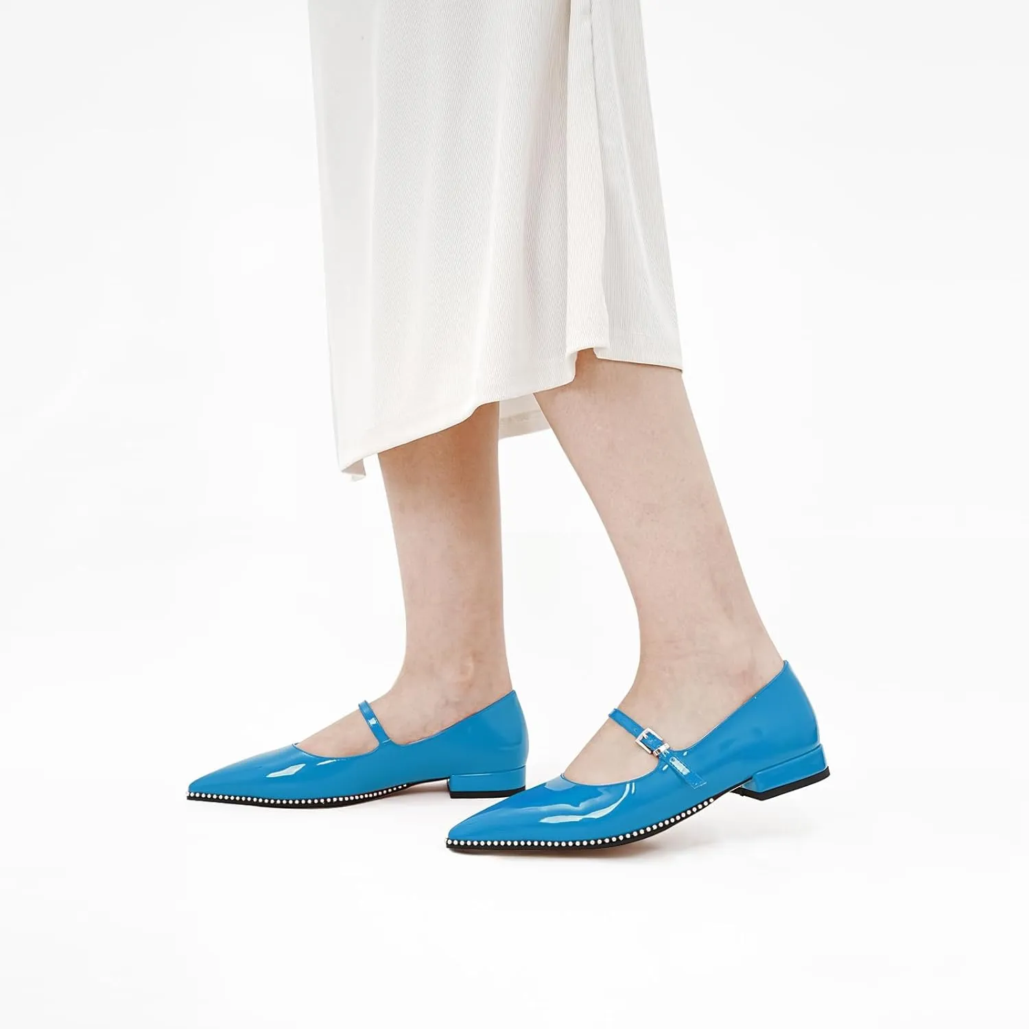 Oh Mispares Pointed Toe Flats for Women Beaded Mary Janes Adjustable Strap Comfortable Chunky Heel Slip-on Dress Shoes Black