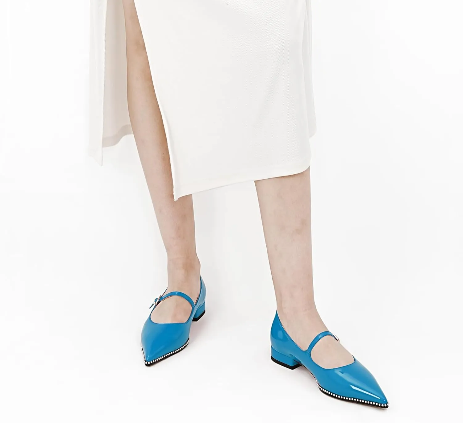 Oh Mispares Pointed Toe Flats for Women Beaded Mary Janes Adjustable Strap Comfortable Chunky Heel Slip-on Dress Shoes Black
