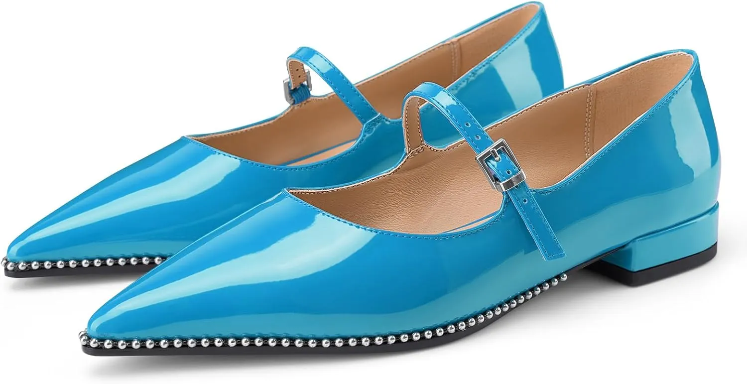 Oh Mispares Pointed Toe Flats for Women Beaded Mary Janes Adjustable Strap Comfortable Chunky Heel Slip-on Dress Shoes Black
