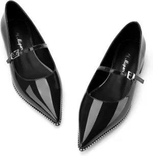 Oh Mispares Pointed Toe Flats for Women Beaded Mary Janes Adjustable Strap Comfortable Chunky Heel Slip-on Dress Shoes Black