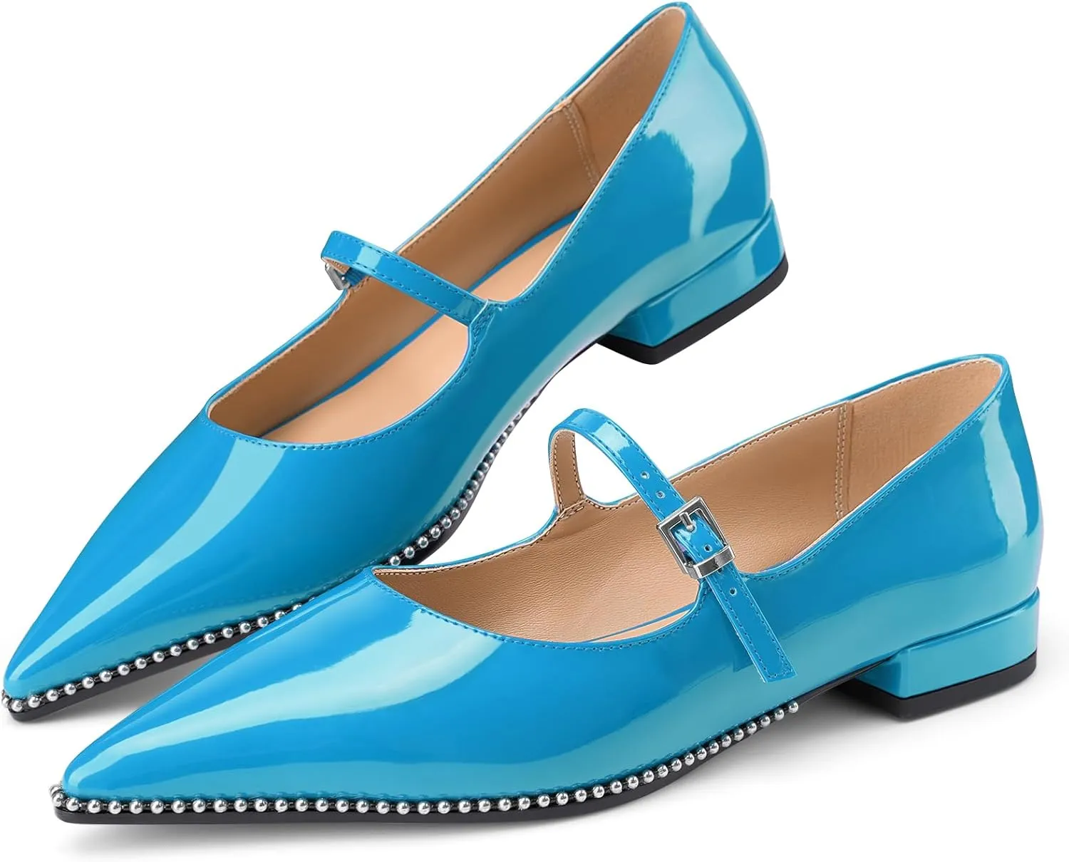 Oh Mispares Pointed Toe Flats for Women Beaded Mary Janes Adjustable Strap Comfortable Chunky Heel Slip-on Dress Shoes Black