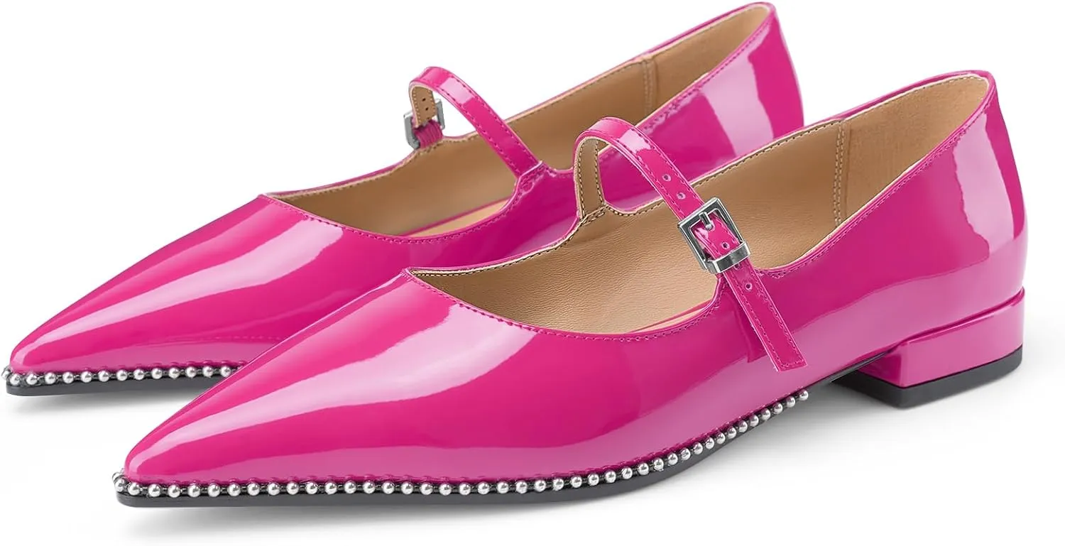 Oh Mispares Pointed Toe Flats for Women Beaded Mary Janes Adjustable Strap Comfortable Chunky Heel Slip-on Dress Shoes Black