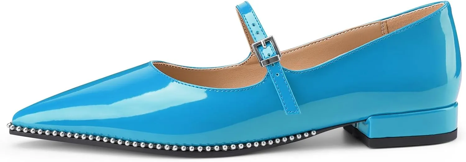 Oh Mispares Pointed Toe Flats for Women Beaded Mary Janes Adjustable Strap Comfortable Chunky Heel Slip-on Dress Shoes Black