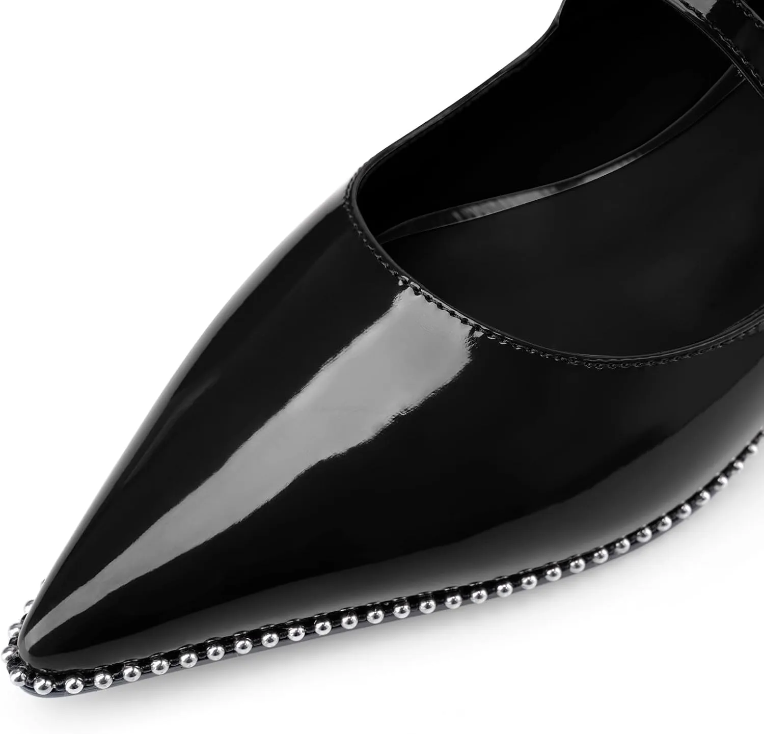 Oh Mispares Pointed Toe Flats for Women Beaded Mary Janes Adjustable Strap Comfortable Chunky Heel Slip-on Dress Shoes Black