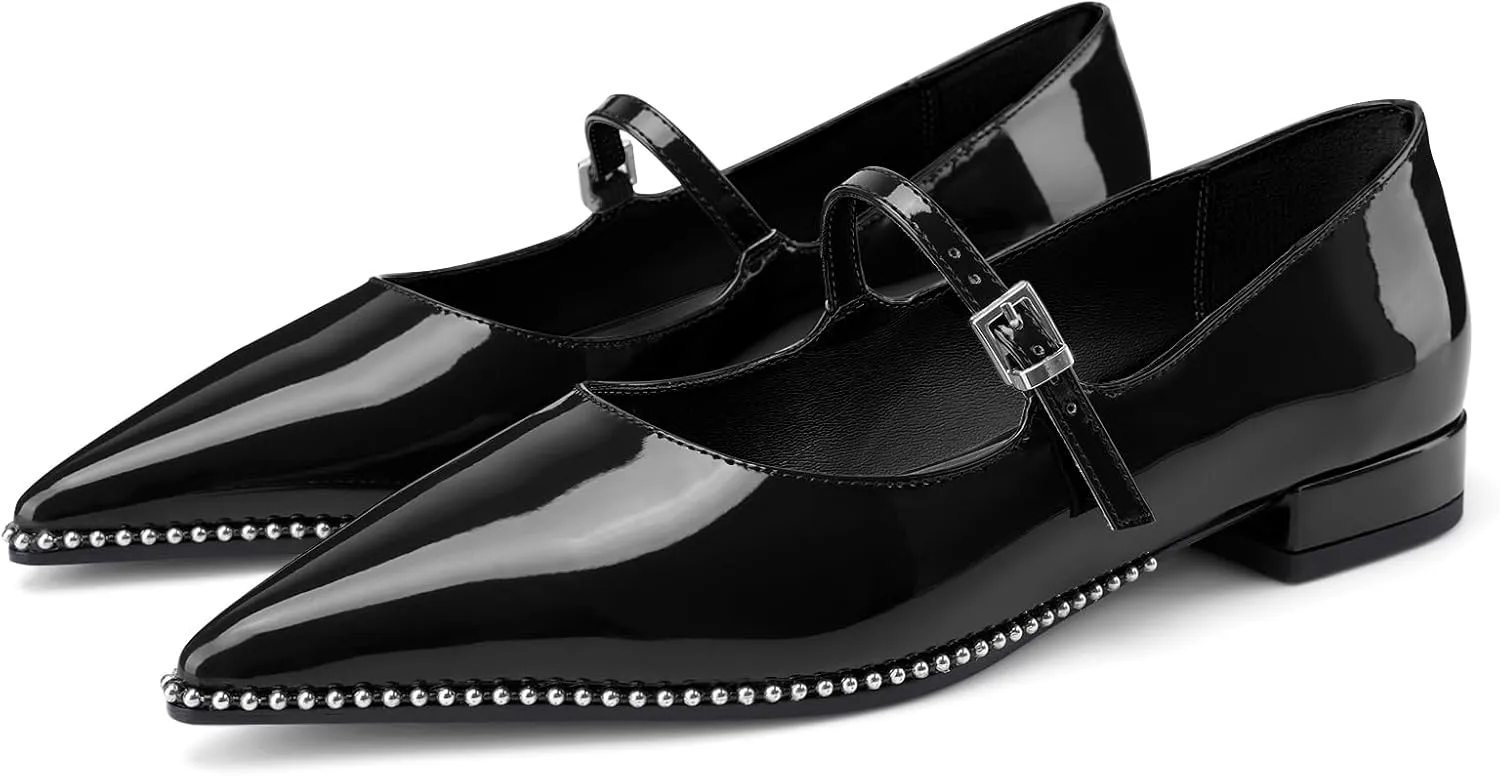 Oh Mispares Pointed Toe Flats for Women Beaded Mary Janes Adjustable Strap Comfortable Chunky Heel Slip-on Dress Shoes Black