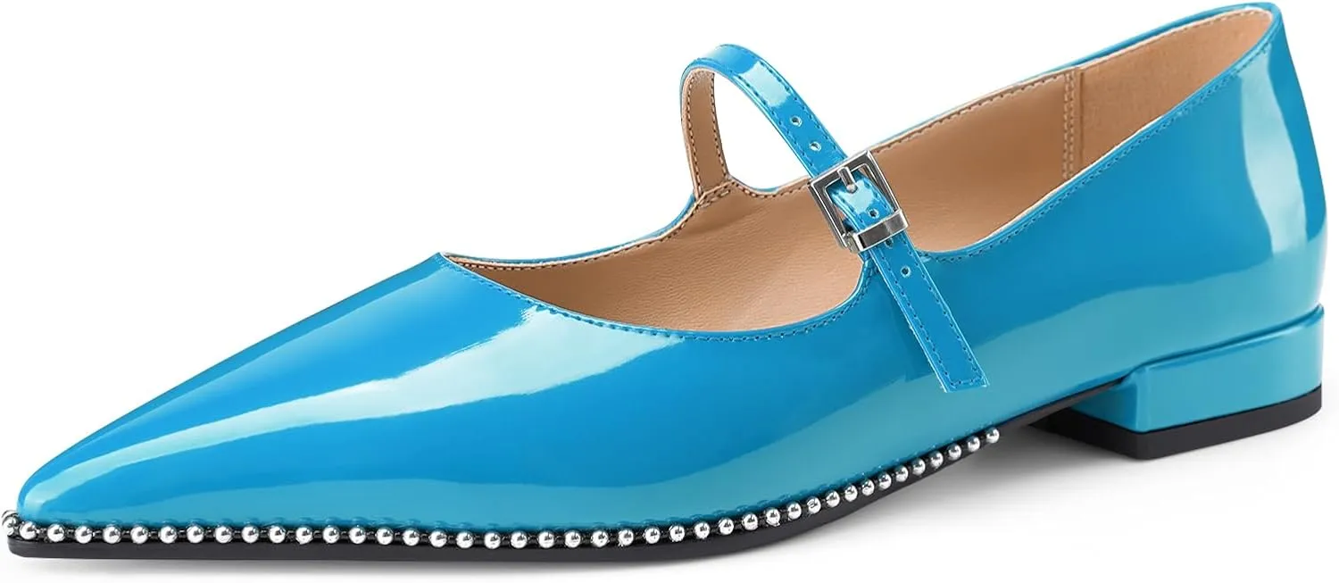 Oh Mispares Pointed Toe Flats for Women Beaded Mary Janes Adjustable Strap Comfortable Chunky Heel Slip-on Dress Shoes Black