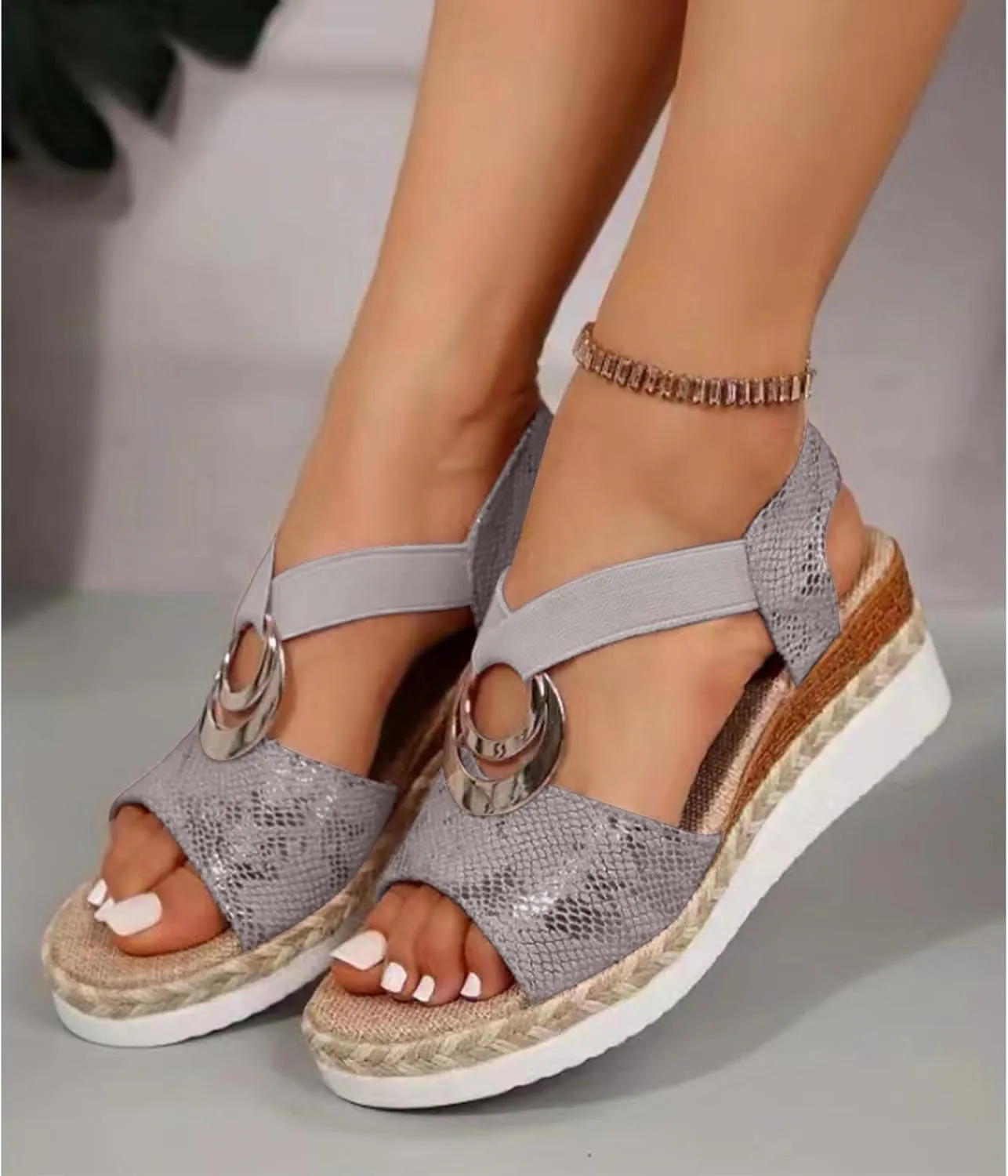 Orthopedic Wedge Sandals for Women Open Toe Ankle Strap Sandals Arch Support Espadrilles Wedges Sandal Comfortable Dressy Summer Shoes Fashion Casual Beach Sandal with Metal Buckle