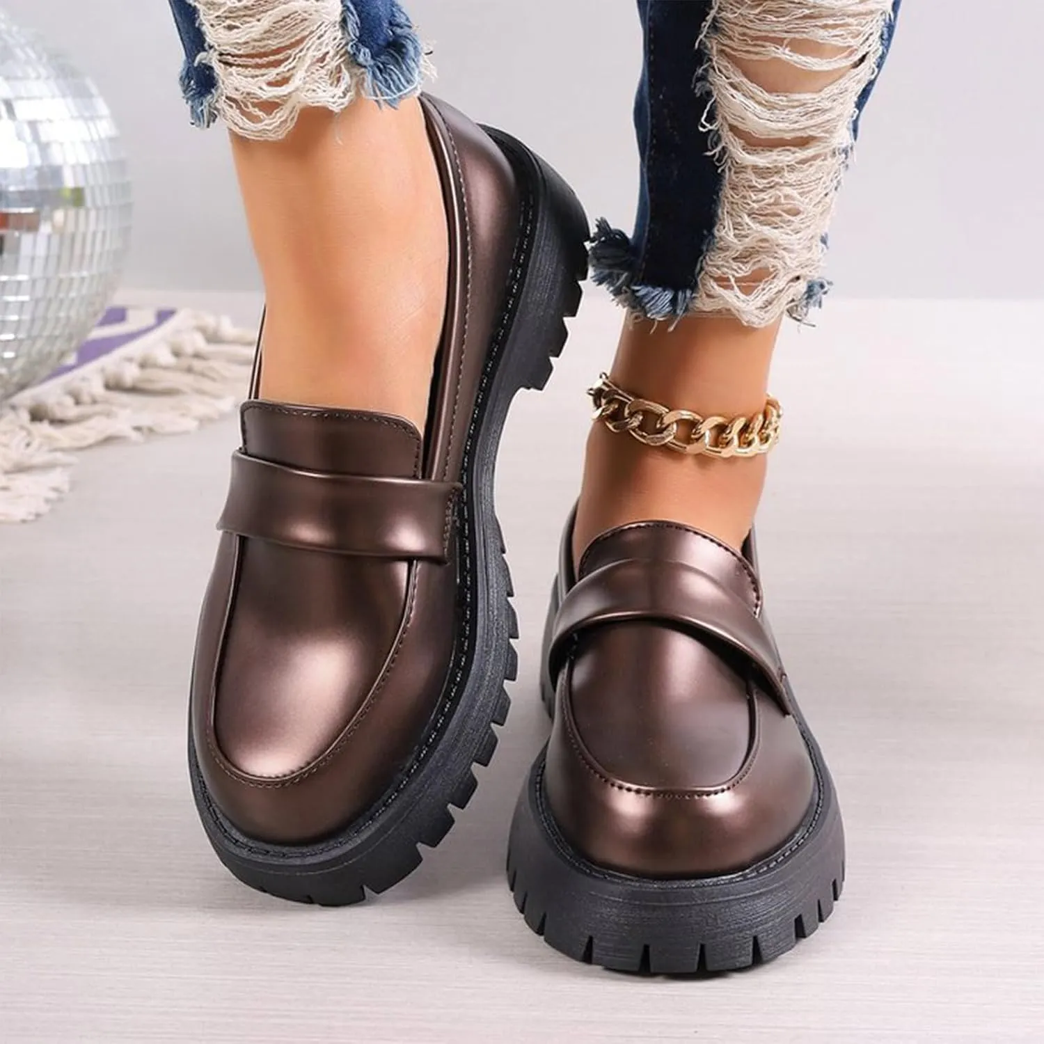 Women's Platform Loafers Lug Sole Chunky Work Shoes 2025 Slip-On Shoes Dressy Penny Loafers Business Shoes