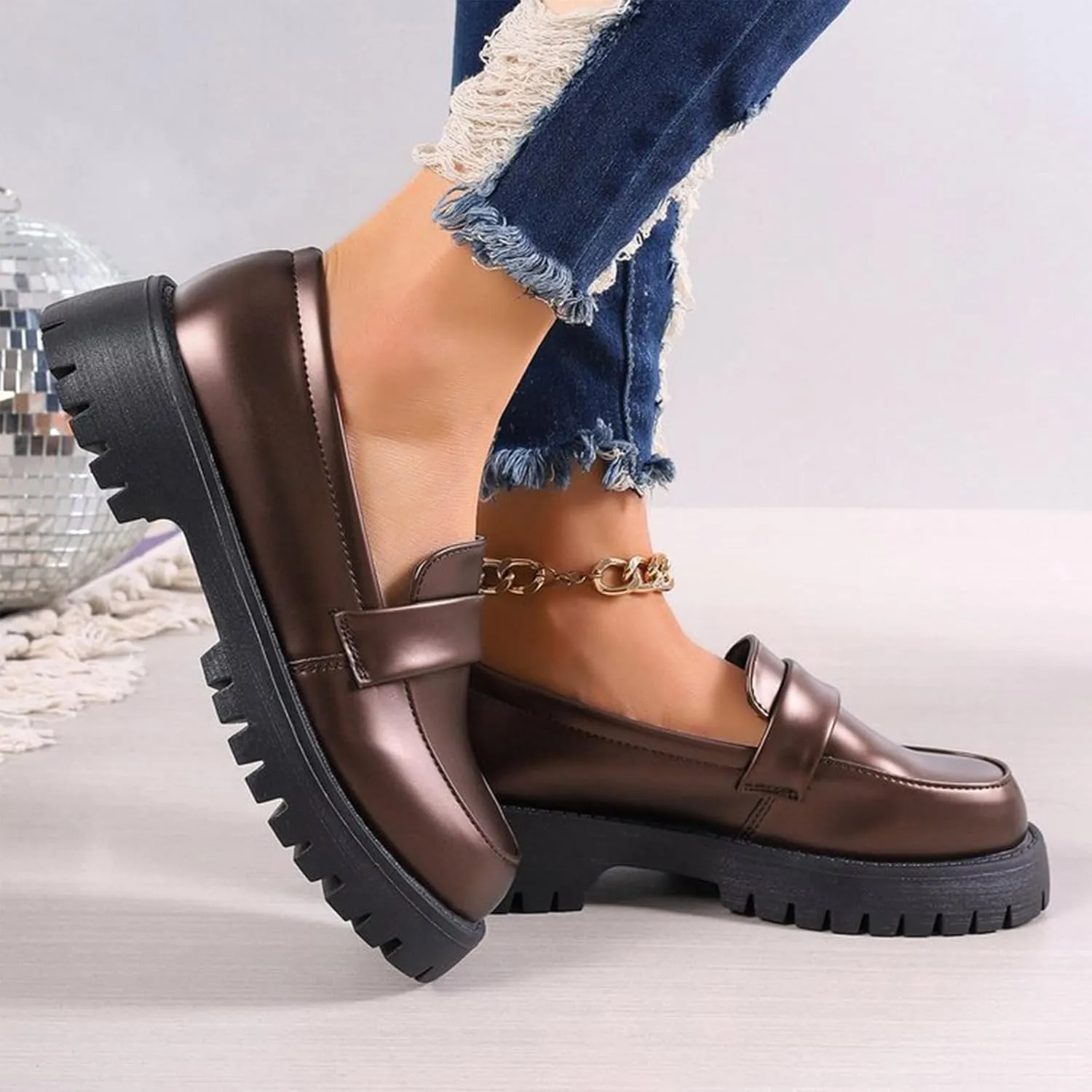 Women's Platform Loafers Lug Sole Chunky Work Shoes 2025 Slip-On Shoes Dressy Penny Loafers Business Shoes