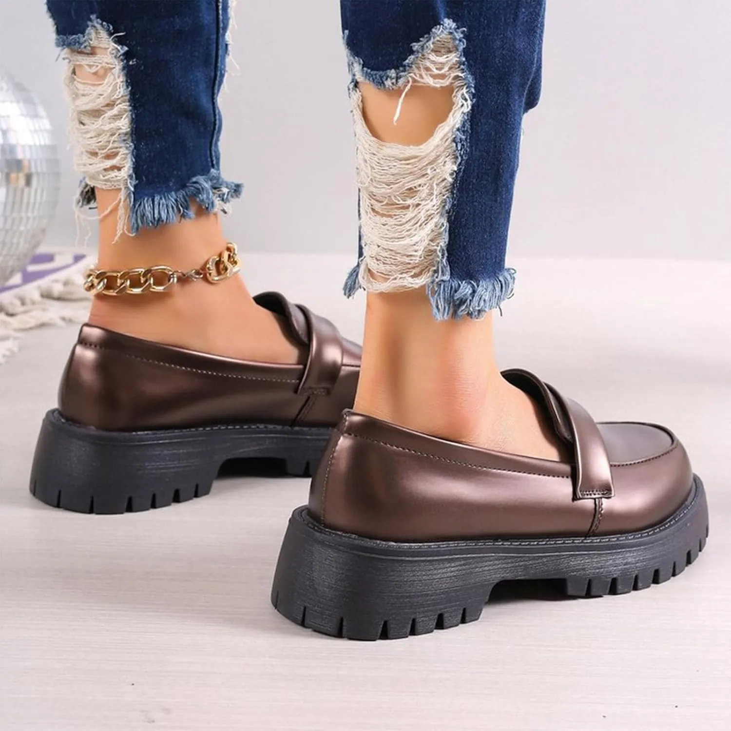 Women's Platform Loafers Lug Sole Chunky Work Shoes 2025 Slip-On Shoes Dressy Penny Loafers Business Shoes