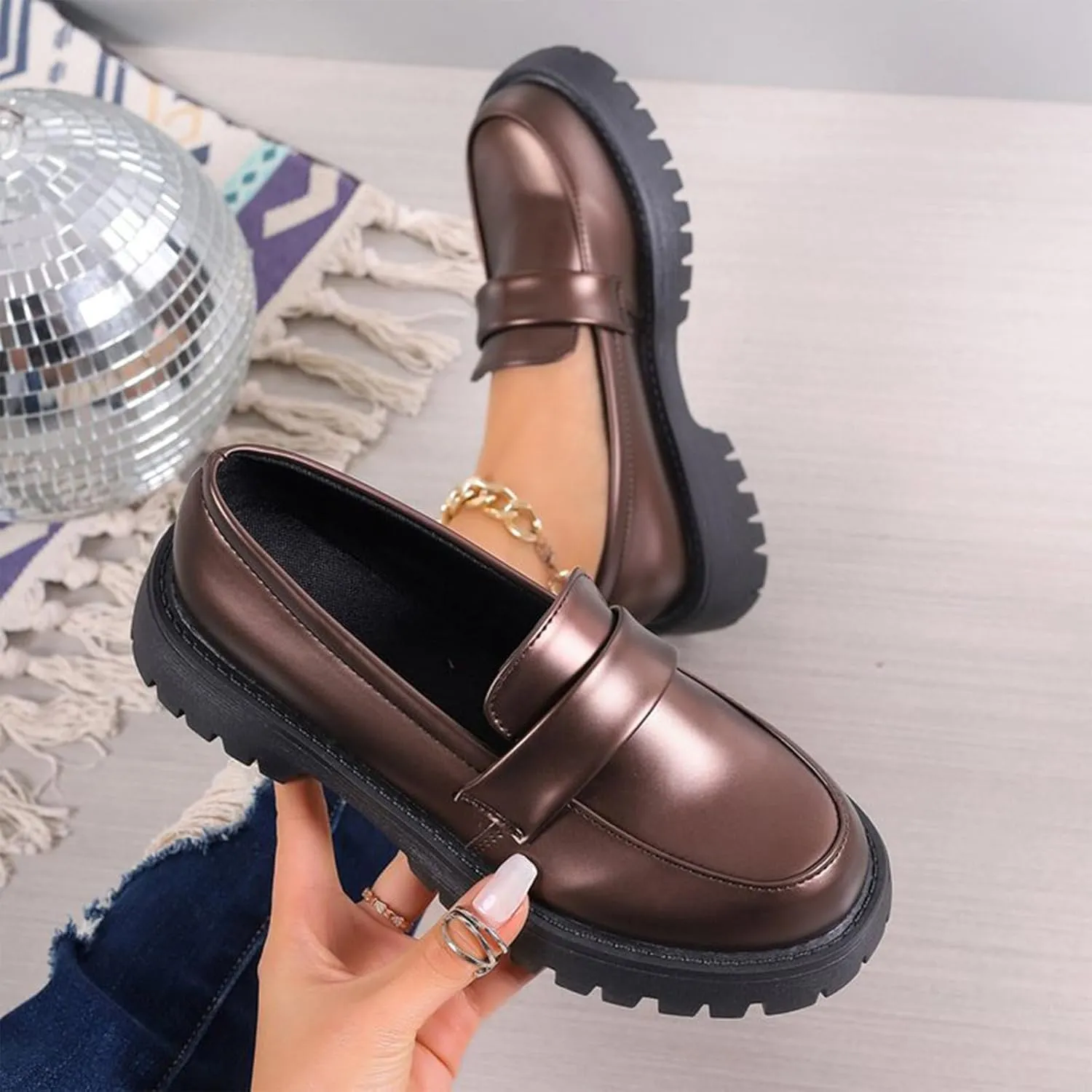 Women's Platform Loafers Lug Sole Chunky Work Shoes 2025 Slip-On Shoes Dressy Penny Loafers Business Shoes
