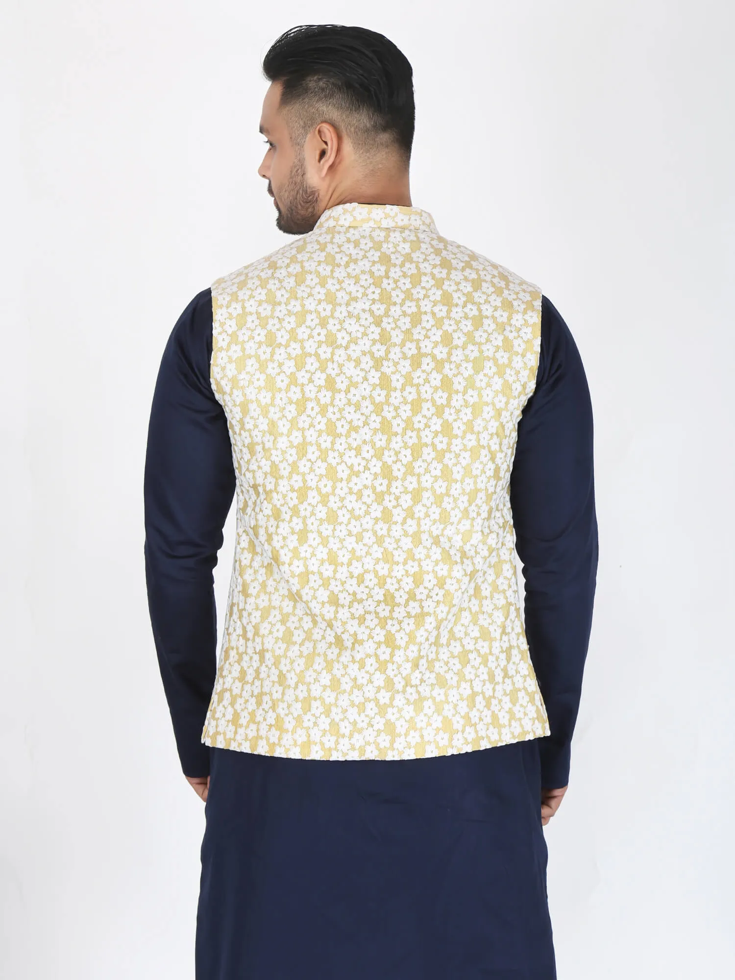 Yellow White Flower Work Nehru Jacket